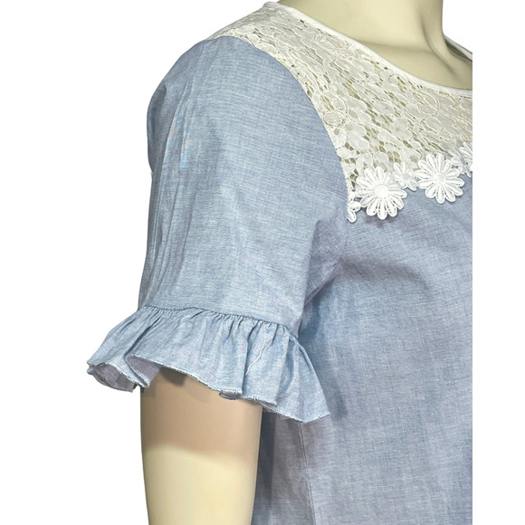 3-FOR-$30 Karl Lagerfeld Sz S Ruffle Sleeve Top Chambray Blue  White Lace - Picture 4 of 10